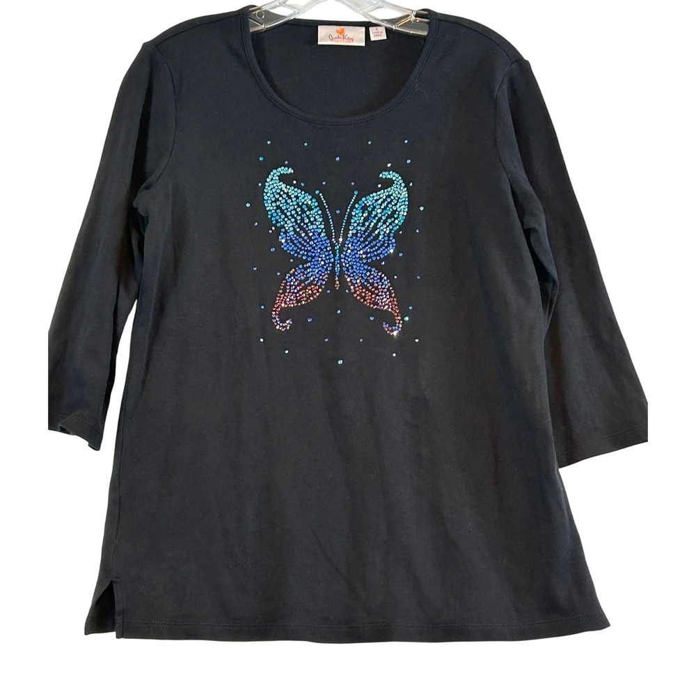 VTG Quacker Factory Black Rhinestone Butterfly 3/4 Sleeve Scoop‎ Neck Top Small